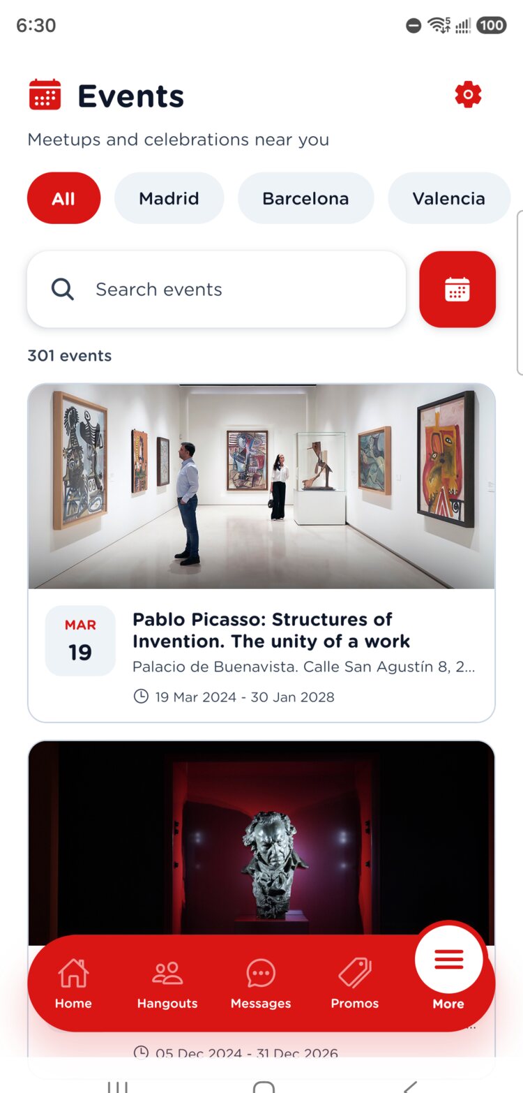 Events screen showing local meetups