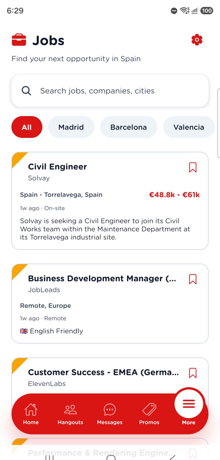 Jobs screen with listings across Spain